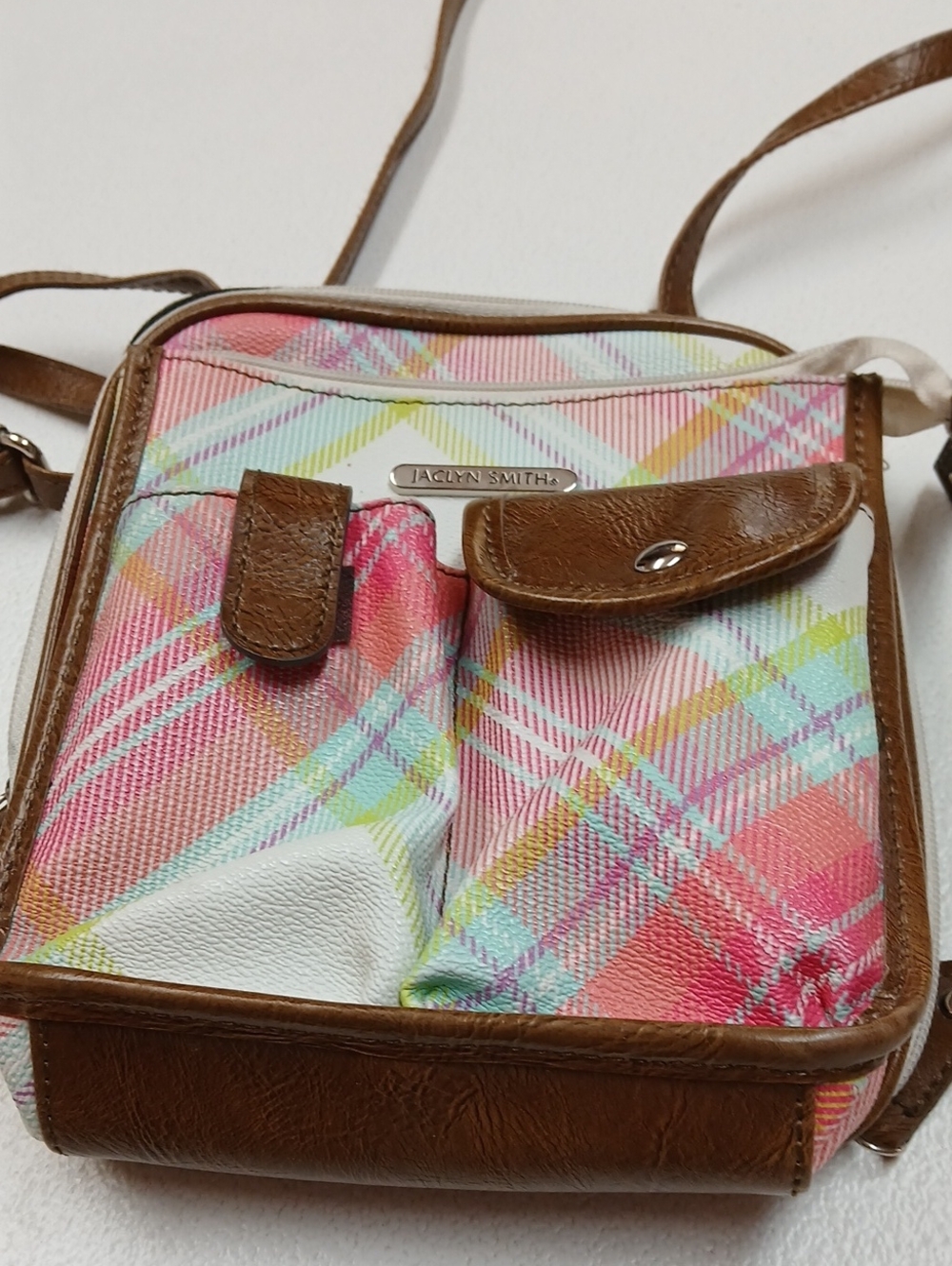Jaclyn Smith Multi-Color Plaid Crossbody Bag with Brown Trim